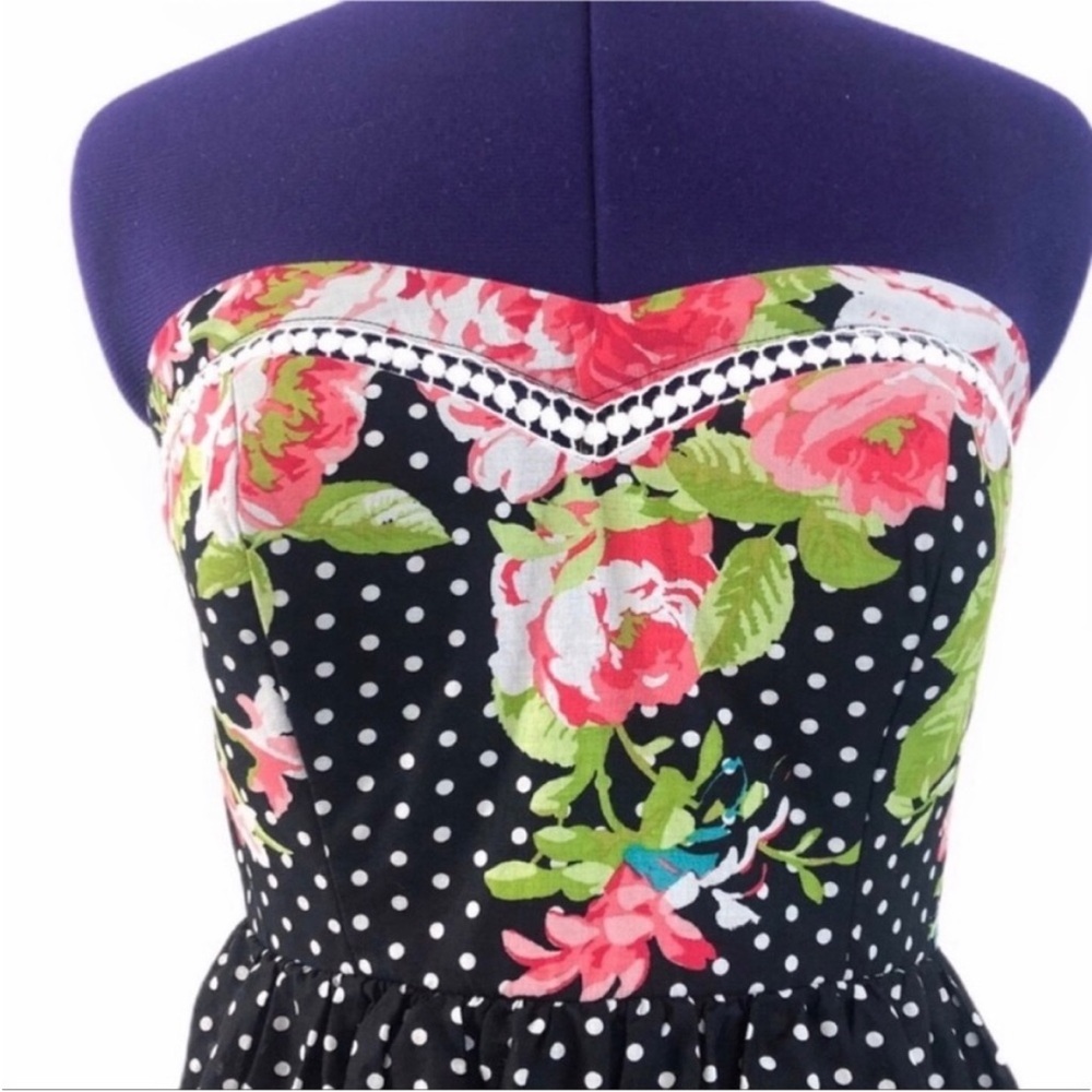 Floral Polka Dot Strapless Mini Dress Retro Rockabilly Style Pinup - Picture 4 of 9